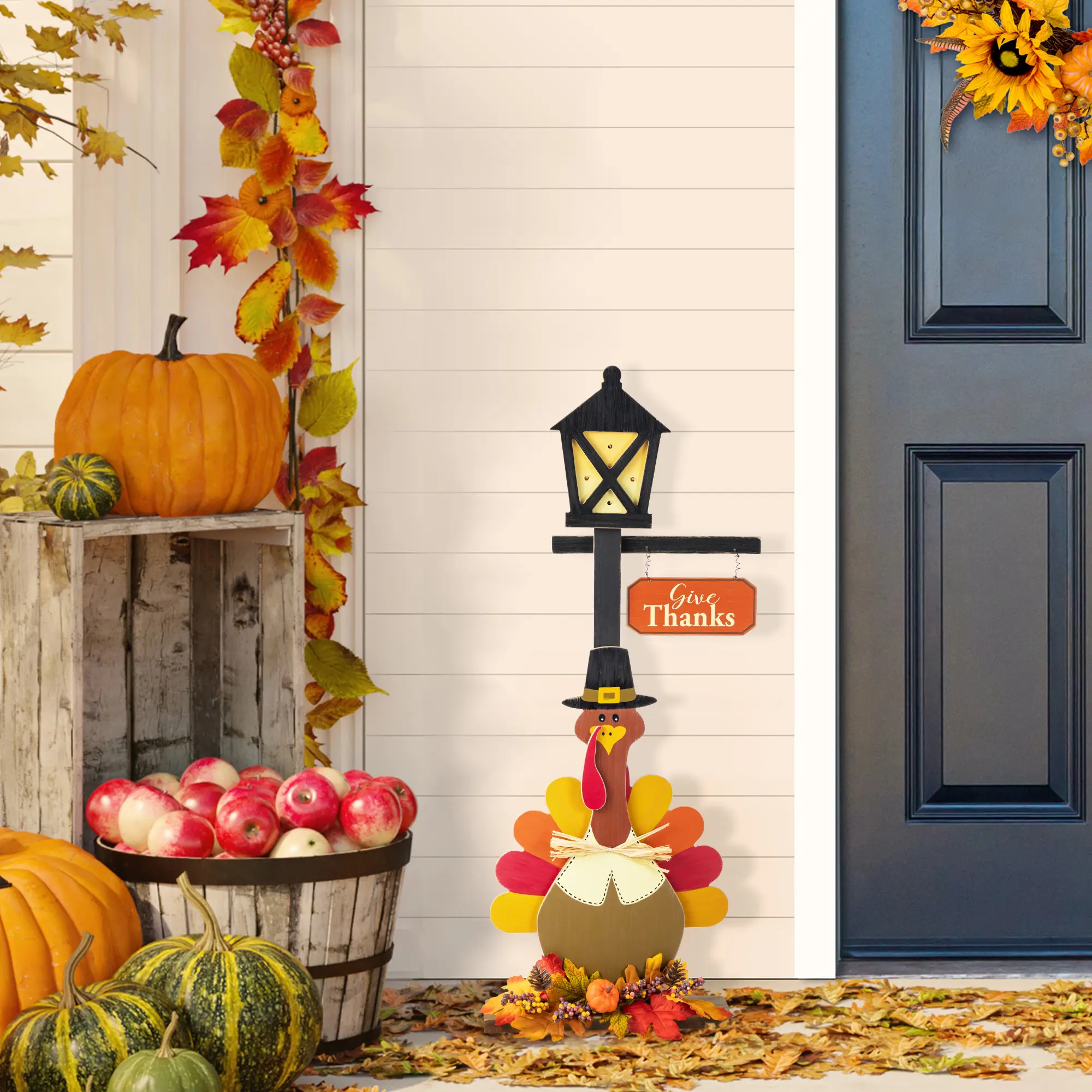 Glitzhome 36"H Modern Lighted MDF Wood Turkey Floor Mount Lamp Post - Thanksgiving Porch Decor with Timer, 3D Irregular Pumpkin Stack Ornaments, Bows, Hanging Holiday Lights, Give Thanks Painting, KD Assembly