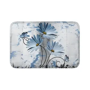 Rustic farmhouse bathroom rug, pastoral blue daisy and butterfly pattern, rustic wooden bathroom mat, blue kitchen rug, soft, non-slip long rug, interior doormat.