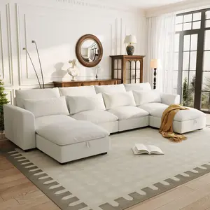 U-Shaped Modular Sectional Sofa with 2 Ottomans, [Brand] Convertible U Shaped Couch Freely Transformable Modular Corner Sofa for Living Room Apartment, Moveable Reconfigurable Sectional Couch with Two Footrest Stools for Home Theater Home Office