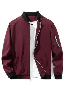 Men's Zip Up Pocket Bomber Jacket, Casual Long Sleeve Stand Collar Windproof Outerwear Coat with Pockets for Spring & Fall, Men's Clothes for Daily Wear