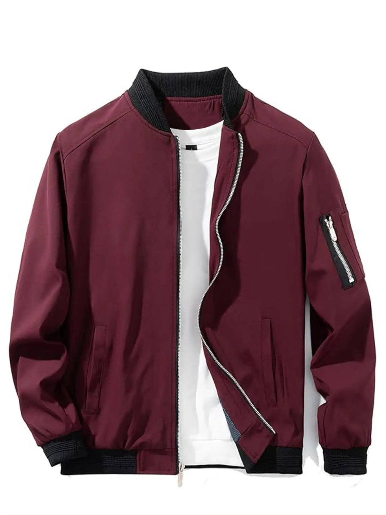 Men's Colorblock Zip Up Pocket Bomber Jacket, Casual Long Sleeve Stand Collar Windproof Outerwear for Spring & Fall, Men's Clothes for Daily Wear