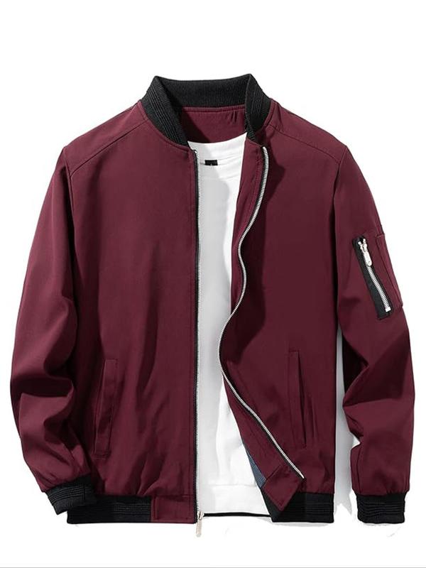 Men's Zip Up Pocket Bomber Jacket, Casual Long Sleeve Stand Collar Windproof Outerwear Coat with Pockets for Spring & Fall, Men's Clothes for Daily Wear