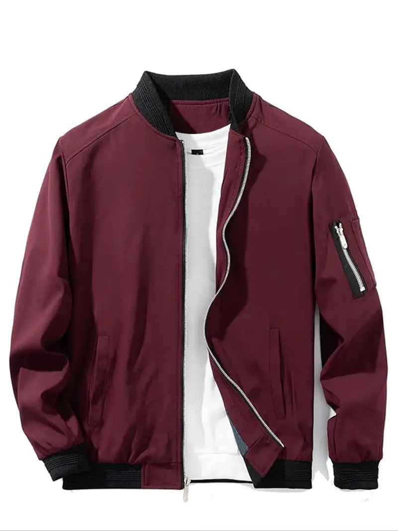 Men's Zip Up Pocket Bomber Jacket, Casual Long Sleeve Stand Collar Windproof Outerwear Coat with Pockets for Spring & Fall, Men's Clothes for Daily Wear