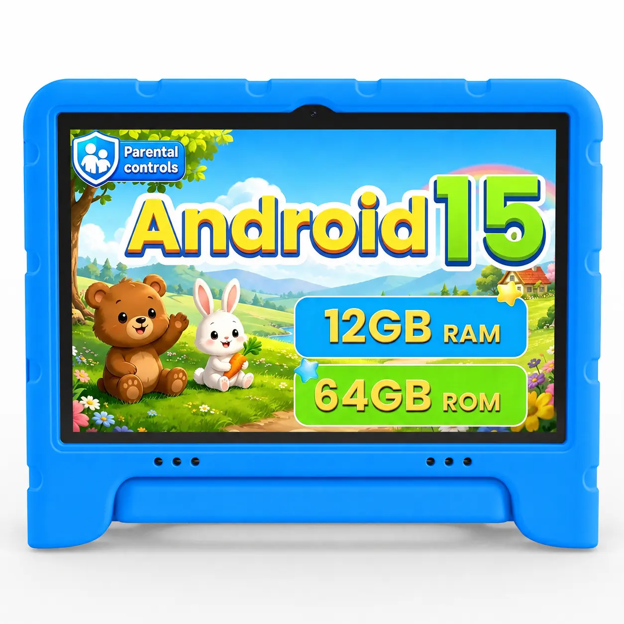 【Back to School】JUNINKE 10.1-Inch Android 15 Kids Tablet, Learning Entertainment 2.4G WiFi Educational Tablets Shockproof Case, Parental Controls Blue Best Kids Gift, Childrens Tablet, Lcd Screen, Playful tablets student tablet
