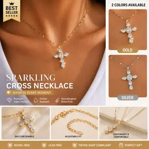 Women's CZ Glitter Cross Necklace - Gold or Silver Plated, Hypoallergenic, Oversized Stones, Ideal for Everyday Wear & Layered Styling, Cz Cross Necklace