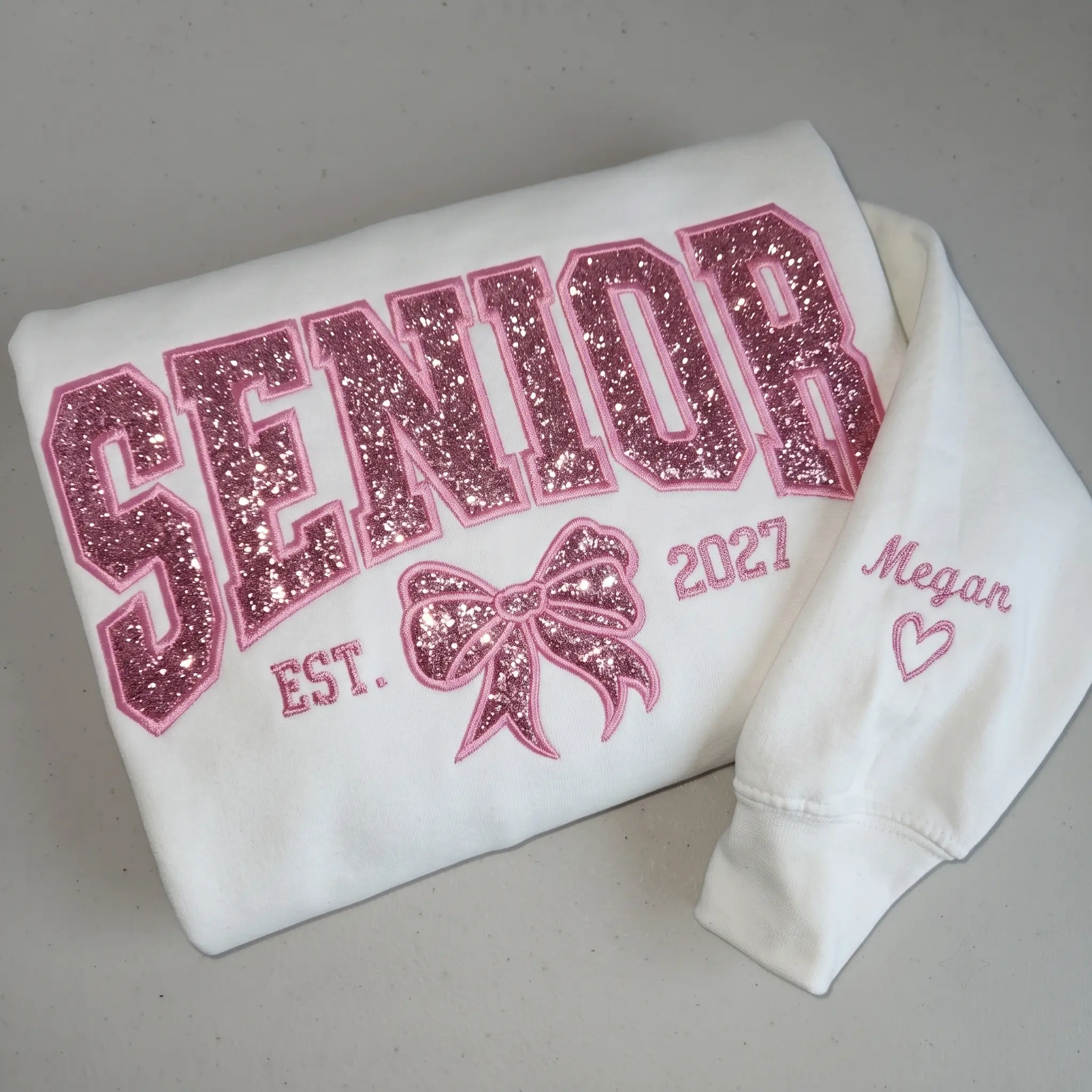 (Leave a note) Senior 2027 Custom Glitter Embroidered Sweatshirt, Custom Name on Sleeve Senior Crewneck Sweatshirt, Class of 2027 Personalized Glitter Sweatshirt Cotton Green