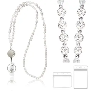 Bling Beaded Retractable Lanyard for Women, Ideal for ID Badges & Keys, Adjustable Beads Lanyard with Badge Reel and ID Holder for Teacher, Nurse, Office Worker
