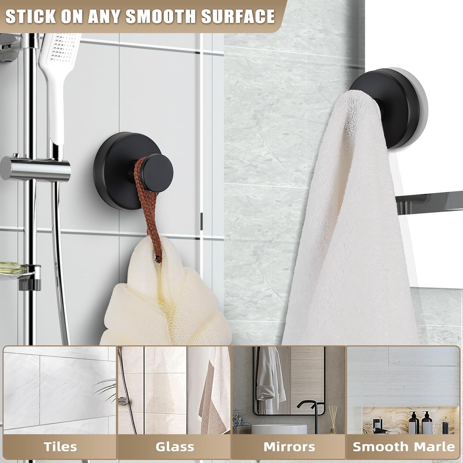 Drill-free bathroom suction hooks, suitable for shower rooms, can be used to hang towels, bathrobes, bath balls, etc. They can be installed on bathroom walls, kitchens, glass, mirrors, tiles and smooth, non-porous surfaces. Layer