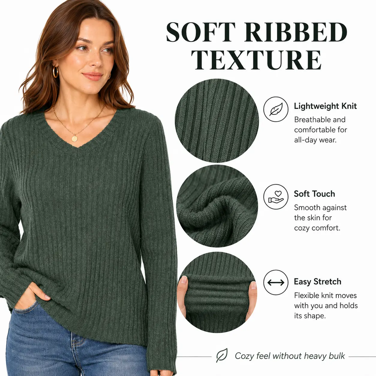 Wiholl Women's Casual Long-Sleeve V-Neck Knit Tunic Top, Lightweight Wrinkle-Resistant Autumn Oversized Loose Fit Knitwear for Layering or Standalone Wear, Lady, Piece, Longsleeves, Tops, Women's Clothing, Basic, Work