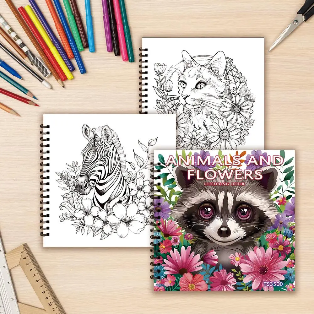 Animal & Flower Pattern Drawing Book, 30 Sheets 100gsm Thick Paper Spiral Coloring Book, DIY Painting Supplies for Stress Relief