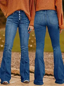 American Vintage Multi-Button Flare Denim Jeans for Women, Midline Stitched Washed Long Pants, Slimming Fit and Lengthening Style