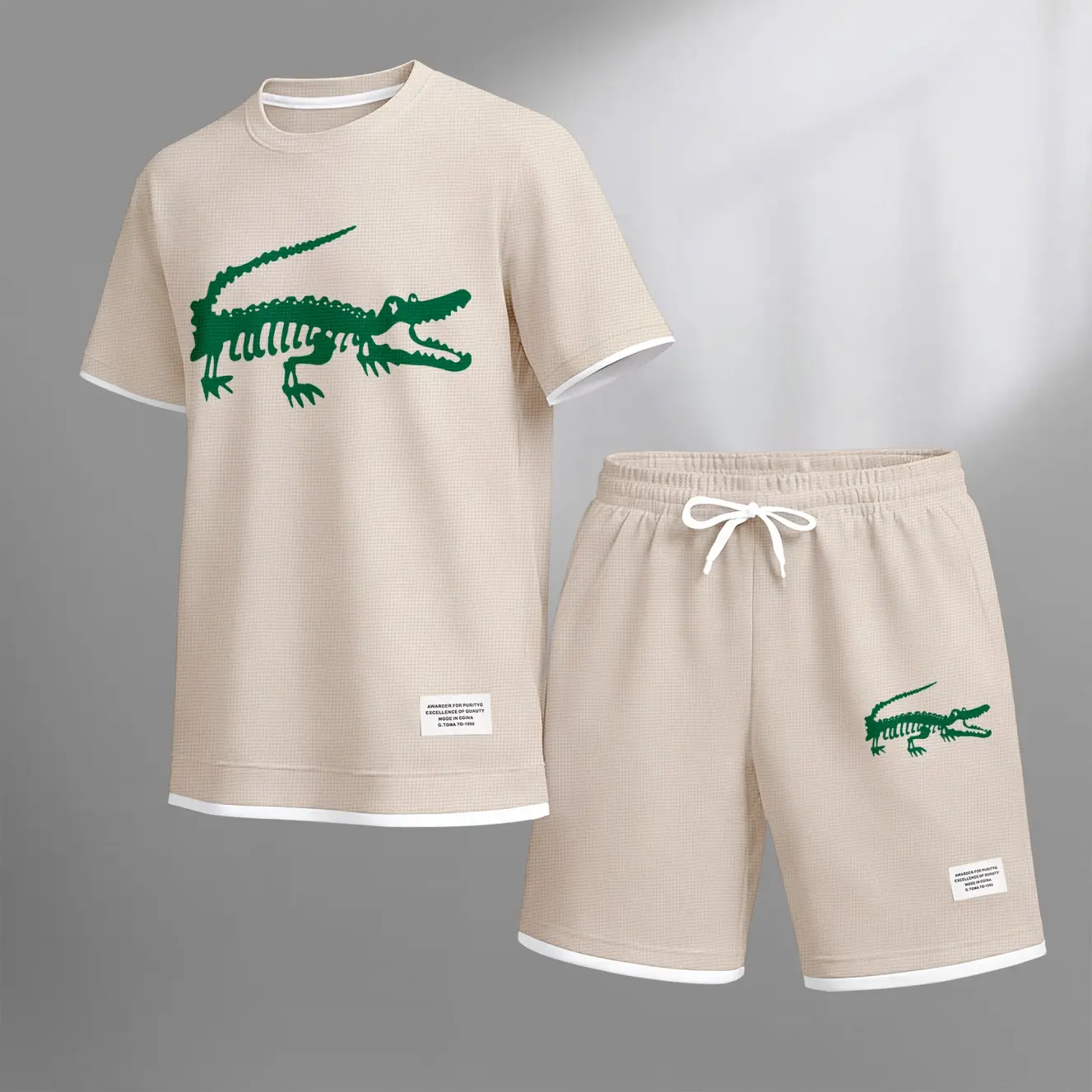 Men's 2-Piece Soft Loose Crocodile Skull Print Waffle Fabric Short-Sleeved Shirt & Shorts Set, Menswear Clothes Garment, Shortsleeve, Minimalist, Pockets, Crew Neck, Round Neck, Loose Fit, Casual Athletic, Drawstring Waist, Two-Pieces