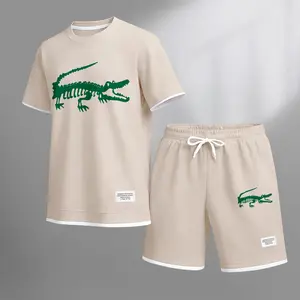 Men's Crocodile Skull Print Waffle Fabric Short-Sleeved Shirt And Shorts Set