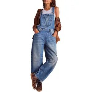 Womens Denim Overalls Loose Fit Barrel Leg Adjustable Strap Hip Hop Jean Jumpsuits