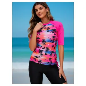 Women's Rash Guard Pink Palm Print - UPF 50+ Surf Shirt - Quick-Dry Swim Tee for Women - Long Sleeve Sun Protection Swimwear for Water Sports