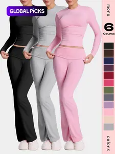 Women's two counts casual slim suit, including waist flared pants and long-sleeved tops, is soft and lightweight and can be worn outside, and Y2K style is matched with casual fashion.
