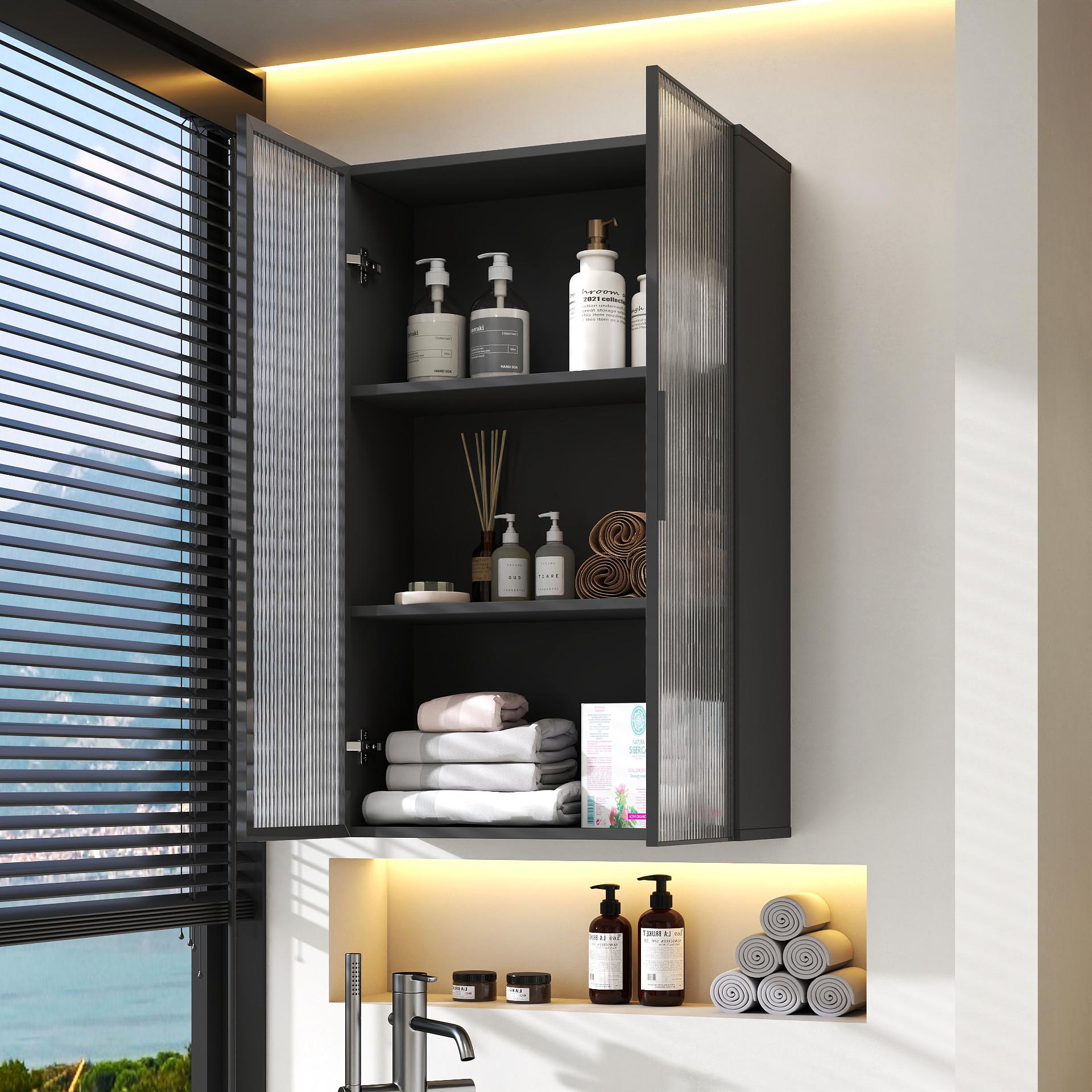 Wall Mounted Cabinet – Glass Door Wall Cabinet for Kitchen Bathroom, 3 Tier Floating Storage Cabinet with Modern Design, Display Cabinet with Glass Doors, Space Saving Wall Shelf for Living Room Bedroom
