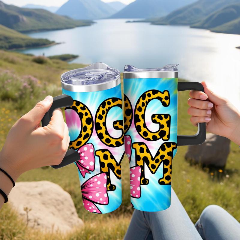 Stainless Steel Travel Mug Blue Leopard Print Dog Mom With Pink Bow Design Outdoor Camping Hiking Picnic Use