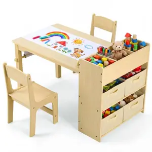 MAMIZO Kids Art Table and 2 Chairs Set, Large Toddler Craft Table w/4 Bins, Wood Activity Play Desk, Sturdy Children Drawing Desk w/Ample Storage, Pressing Rod & Roll Holder for Painting, Reading