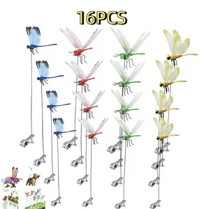 16PCS 3D Metal Dragonfly Garden Clips - Realistic Decorative Garden Stakes for Outdoor Plants & Backyard Decor, Natural Organic Style