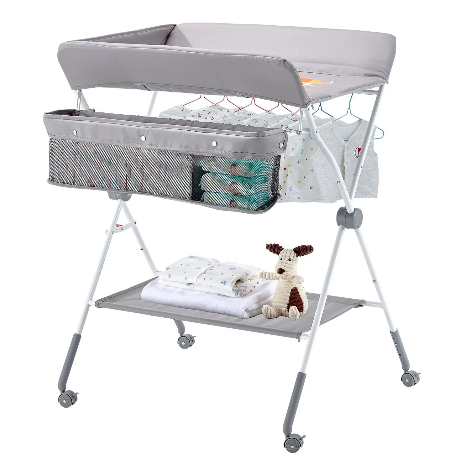 【SummerFinds】VEVOR Baby Changing Table, Foldable Diaper Change Station with Side Basket, Adjustable Height Portable Changing Table with Lockable Wheels, Multi-Functional Storage Organizer Nursery, Light Gray