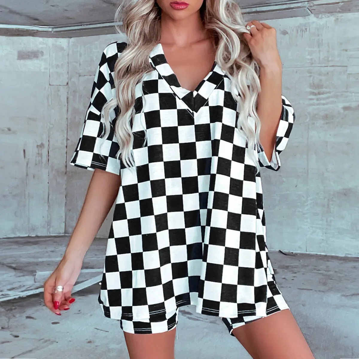 Black Checkerboard Print V Neck Loose Tee and Shorts Lounge Set