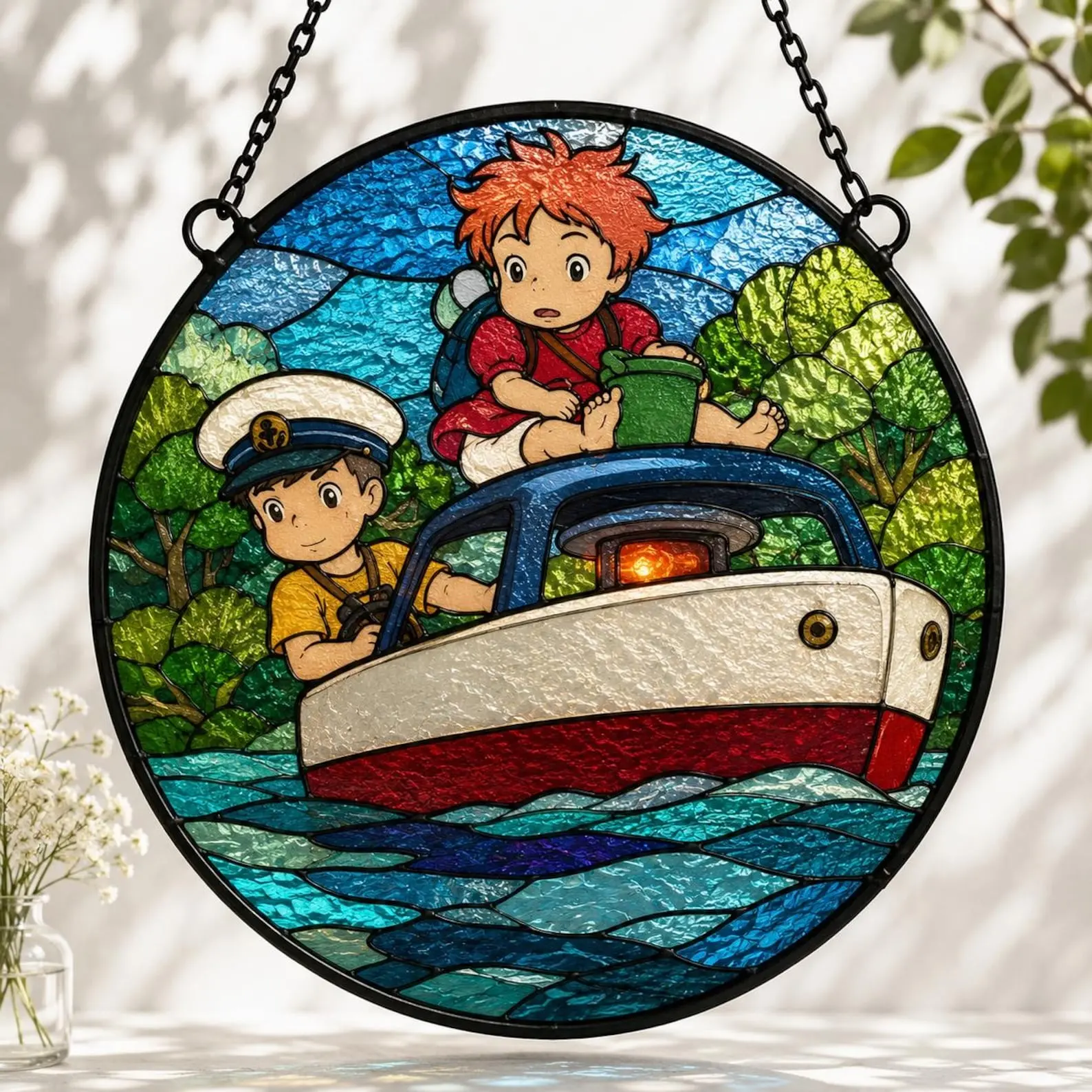 Studi0 GhibIi P0nyo and S0suke Acrylic Suncatcher Stained Glass Window Hanging Panel, Magical Anime Ocean Boat Scene Wall Art, Whimsical Cozy Room Decor, Cute Japanese Manga Gift