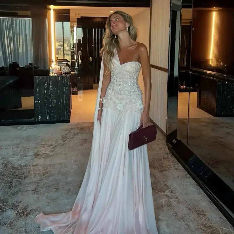 Blush Pink Beaded 3D Floral One-Shoulder Cape Evening Dress