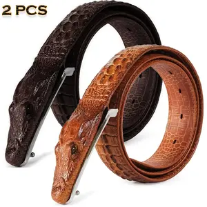 2-Pack Men'S Crocodile Pattern Design Belt, Crocodile Leather Embossed Belt, Two-Layer Cowhide Belt, Unique Design, Leisure Style, Imitation Animal Crocodile Head Belt Buckle, Holiday Accessories
