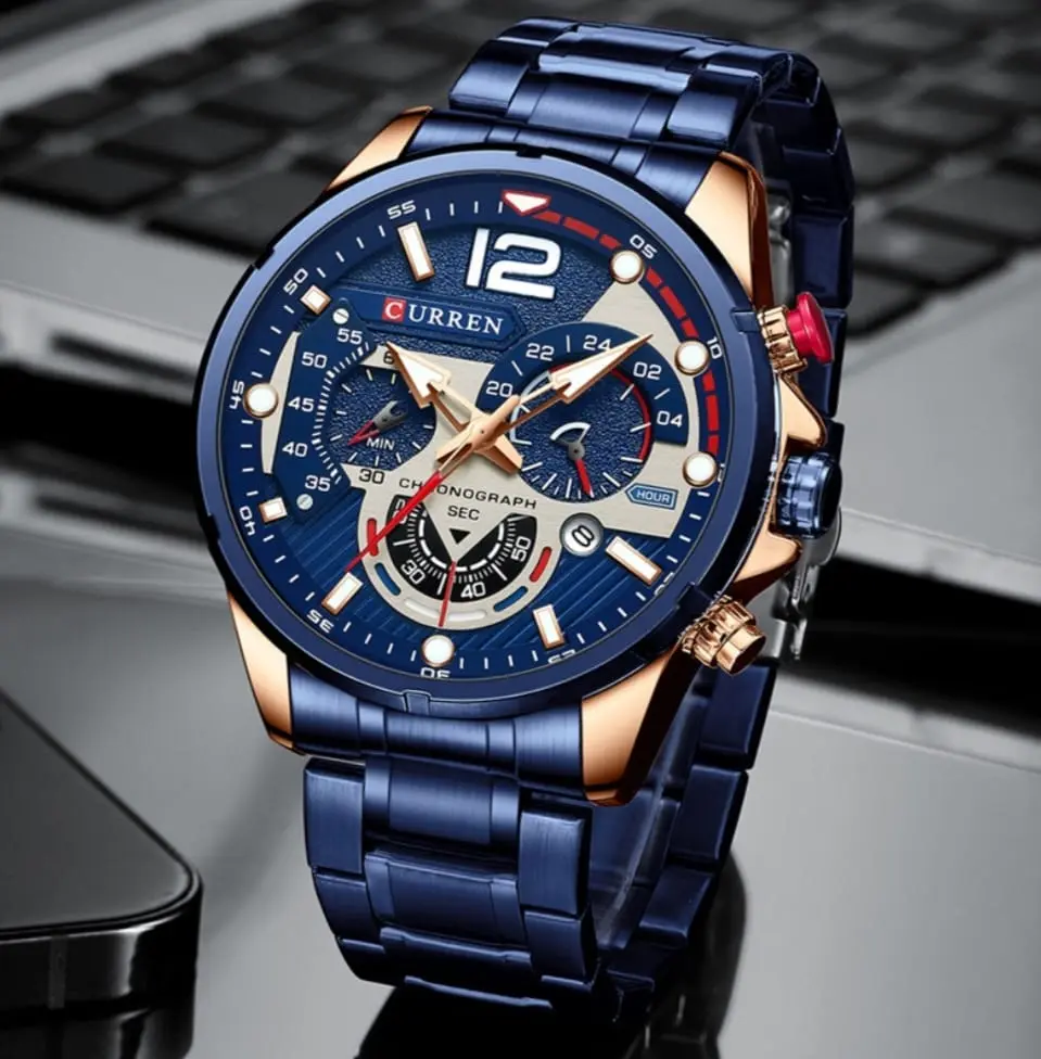 Curren Chronograph Stainless Steel Watch For Men 23cm Band 24mm Width 14mm Case Round Dial 47mm Auto Date Luminous