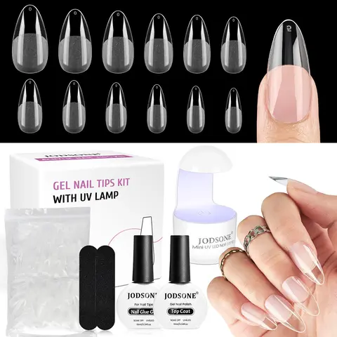 JODSONE 240pcs Gel Nail Tips kit with UV Lamp Top Coat &Nail Glue Gel,7 Sizes Full Cover Pre-file Thicker Strength Acrylic Nail Tips for Easy Wearing, Stiletto Square Short almond Long almond Nail Tips for Women DIY Art Salonen DIY Nail Tool at home