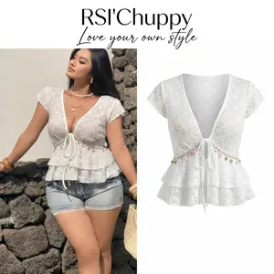 Plus Size Women Sexy Deep V Neck Lace Jacquard Top Shell Decor Tie Front Blouse Boho Ruffle Peplum Summer Beach Vacation Going Out Camisole Tops