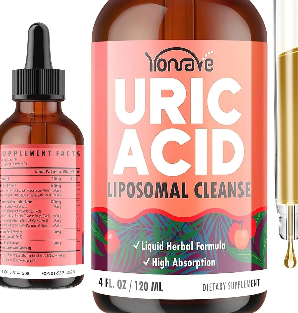 Liposomal Uric Acid Drops, Tart Cherry Supplement with Celery Seed & Boswellia Extract – Muscle, Detox, Joint and Kidney, Uric Acid Cleanse Liquid Supplement– 4 FL OZ (1 Bottle)