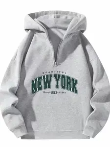 Unisex New York graphic half-zip hooded sweatshirt — men’s top, long-sleeve pullover sports shirt, casual streetwear, sporty loose thick fabric, eye-catching letter print, gray zipper, suitable for everyday wear and sports (size S).