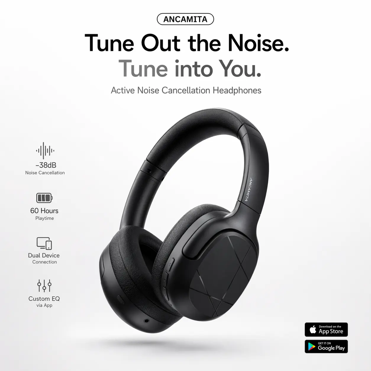 Wireless ANC Headphones Over Ear, Bluetooth 5.3 with Smart Voice Features & 6 EQ Modes, 40mm Drivers, 50H Playtime, 3 ANC Modes, Foldable Cancelling Earphones