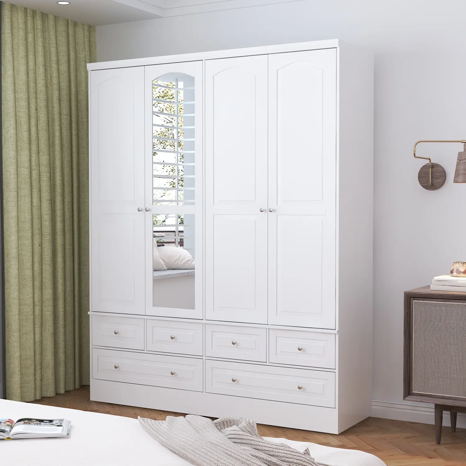FUFU&GAGA Modern White Freestanding Armoire - Wardrobe Storage Cabinet, Multi Functional Wardrobe with Mirror Door, 6-Drawer Closet Drawers System, Open Shelves, Large Bedroom Organizer