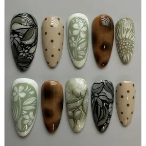 Sage Botanical Press On Nails, Hand Painted Floral Almond Set, Dark Academia Tortoiseshell Fake Nails