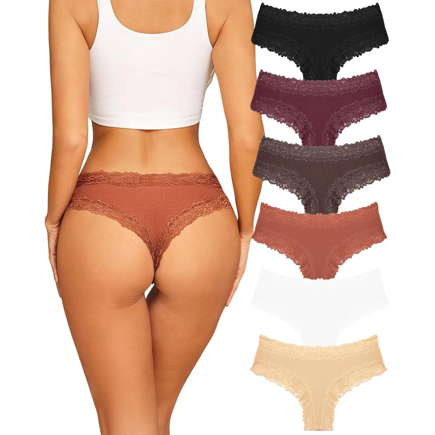 Women's Bikini Panties 6-Pack, Low Rise Brazilian Style, Cotton Blend with Lace Trim, Breathable Softness & Lightweight Fit, Laces, Everyday Wear, Six-Pack