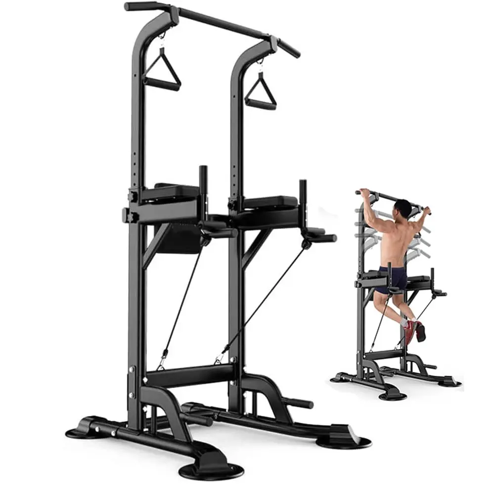 Power Tower Pull Up & Dip Station Multi-Function Home Strength Training Fitness Workout Station Height Adjustable Black Home Gym Machine Home Exercise Equipment Workoutmachine