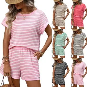 Women's 2 Piece Outfits Casual Striped Short Sleeve T-Shirt and Shorts Lounge Set Summer Comfy Pajamas Tracksuit