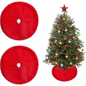 2 Pcs Red Plush Christmas Tree Skirt 15 Inch Mini Xmas Tree Skirt Faux Fur Skirt for Christmas Tree Decorations