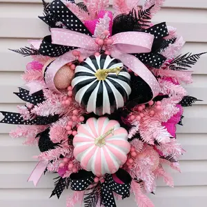 Black and Pink Pumpkin Wreath with Striped Pumpkins and Polka Dot Ribbons for Festive Decor