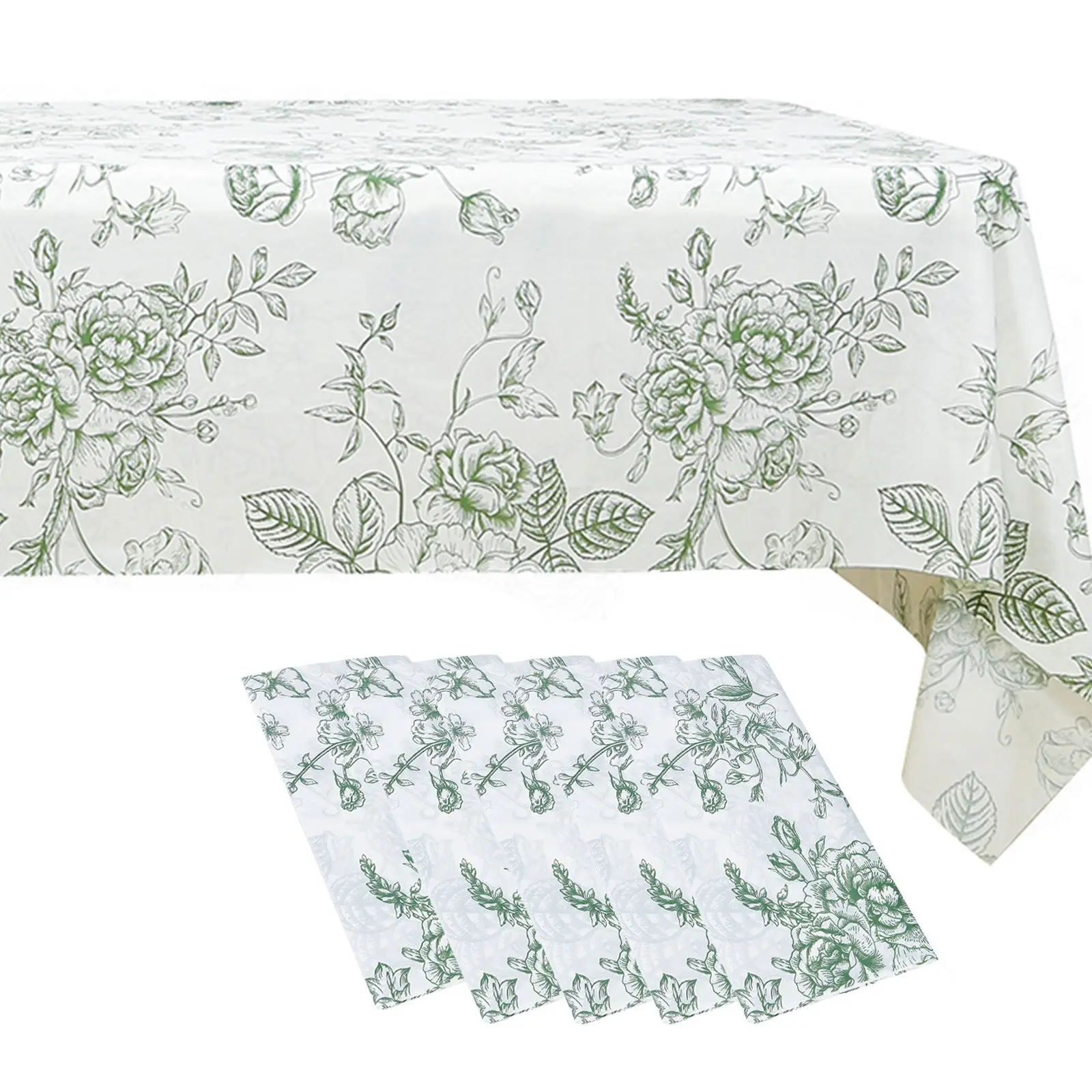 5-Pack Rectangular Portable Outdoor Tablecloths - 54"x108" White with Sage Green French Toile Pattern, PVC Waterproof Disposable Thanksgiving Table Covers, Five Pieces