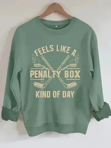 Women's Casual Penalty Box Hockey Stick Print Round Neck Sweatshirt, Fall & Winter, Graduation, Teacher, Back to School Pullover