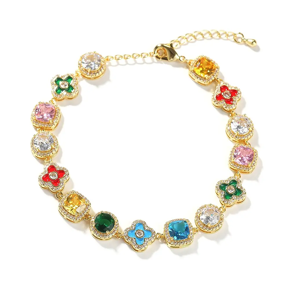 IIced Out Clover Tennis Charm Bracelet CZ Jewelry Bracelets For Women Hip Hop Rainbow Sparkling Cuff Bangles 18K Gold Plated Chains