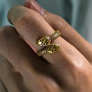 U7 Two-headed Python Snake Ring Serpent Reptile Ring Animal Rings for Men Women Gothic Jewelry