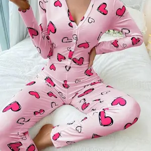 Heart Button Up Front Sleep Jumpsuit for Women