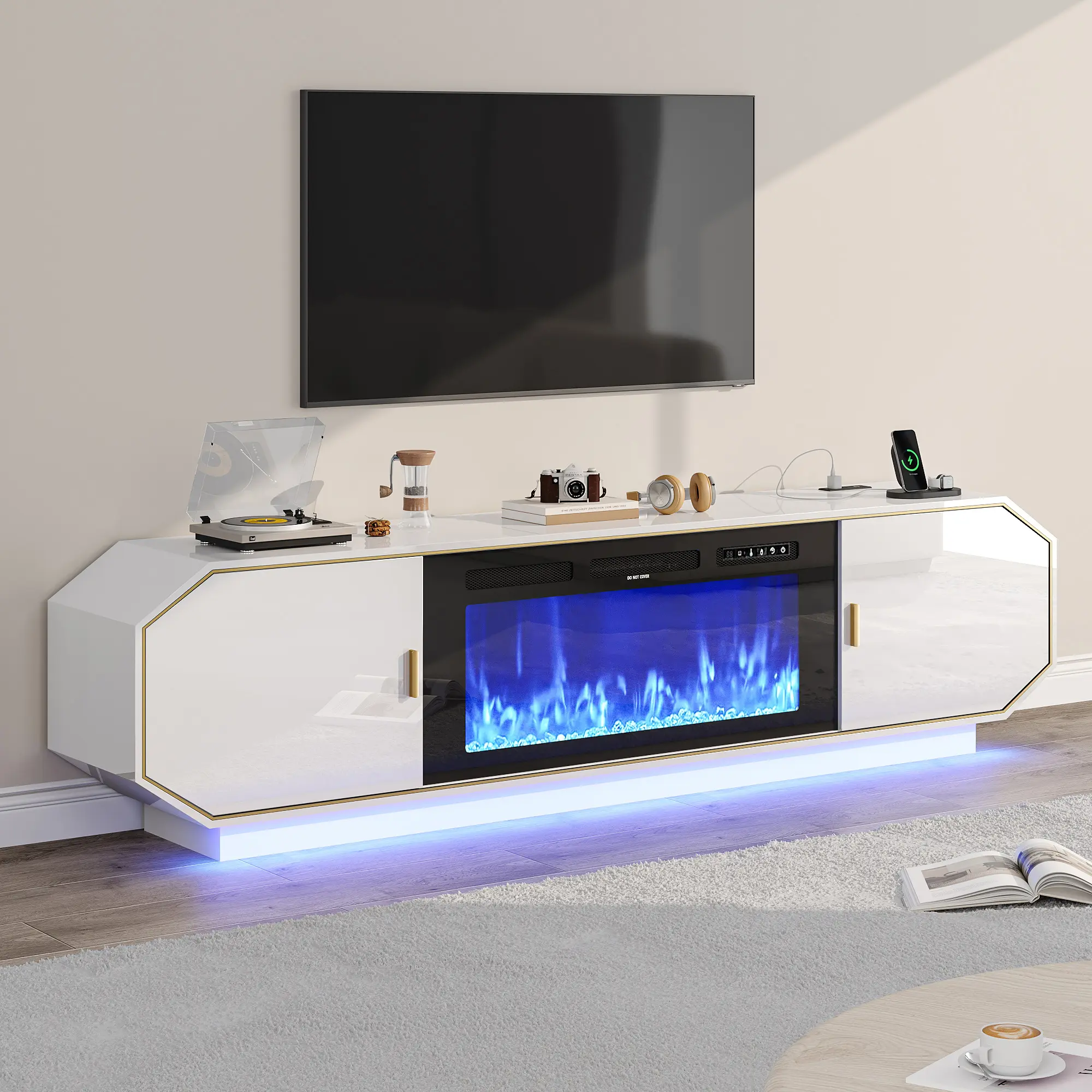71 /81" White LED TV Stand Modern High Gloss Entertainment Center With 40" Electric Fireplace For TVs Up To 90" Power Outlets, Sliding Doors & Storage Cabinets For Living Room