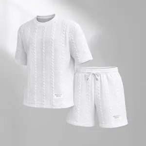 Men's Solid Color Textured Jacquard Drawstring Shorts Set, Casual Summer 2 Piece Outfit with Short Sleeve T Shirt and Shorts
