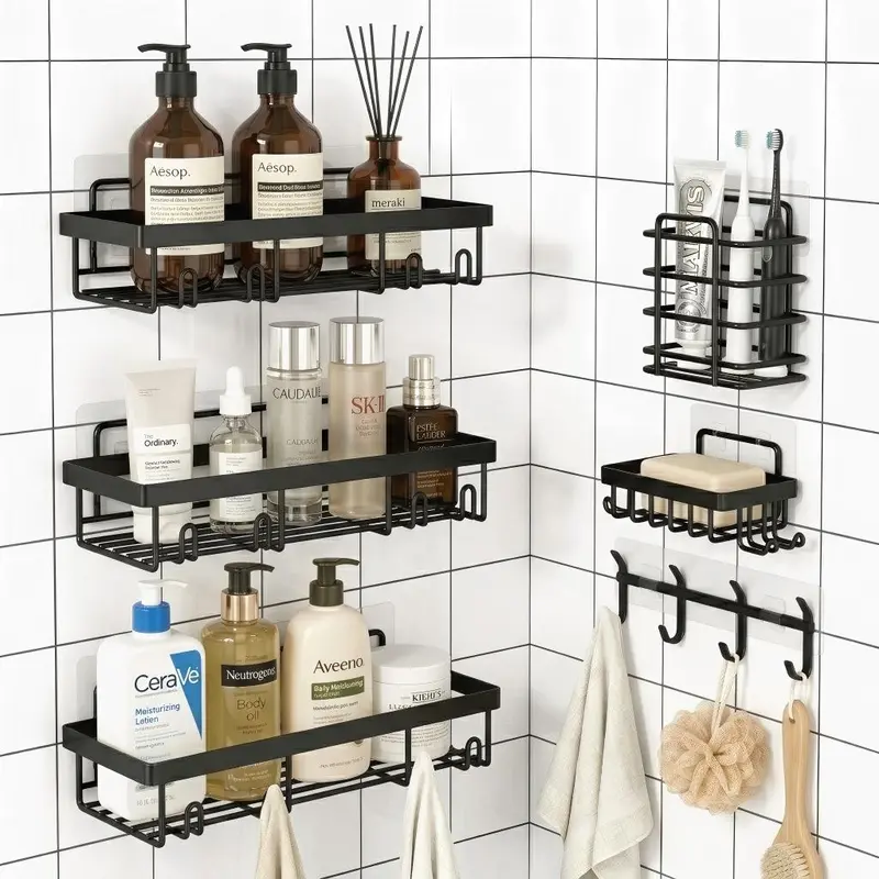 Matte Black 5-Pack Self-Adhesive Metal Shower Caddy Set with Adhesive Hooks - No-Drill Stainless Steel Bathroom Storage Organization, Shelves, Soap Dish, Toothbrush Holder, Waterproof Rustproof Wall Mount, Apartment Accessories Essential